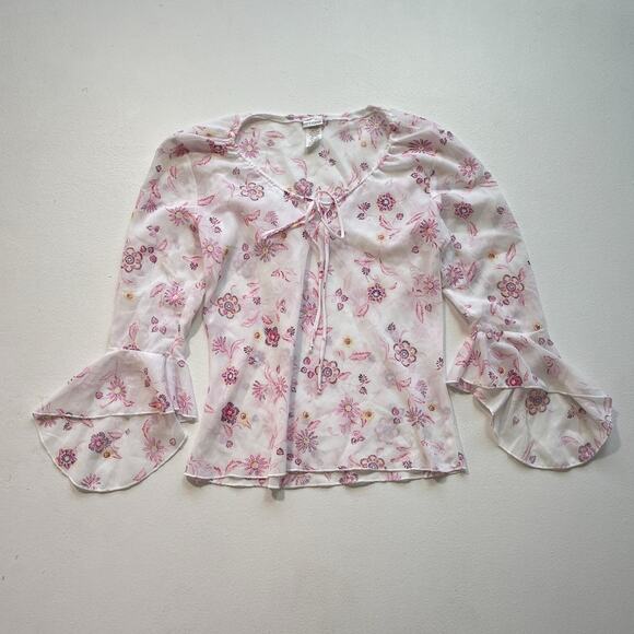 Vinage Y2K 90's Floral Fairy Top Flutter Sleeves / Sz M / Sheer Boho Hippie - Picture 1 of 9